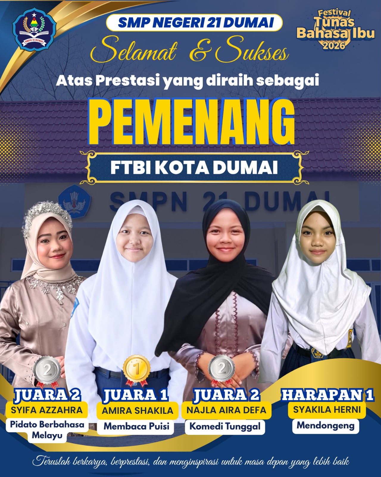 SMP NEGERI 21 Dumai kembali menorehkan prestasi pada ajang FTBI Kota Dumai tahun 2026